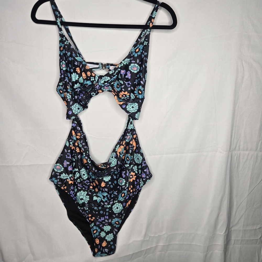 Amazon Floral Cutout One Piece Swimsuit - Black and Teal
